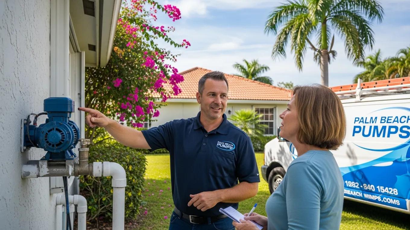 Local pump repair expert consulting with a homeowner in Palm Beach County