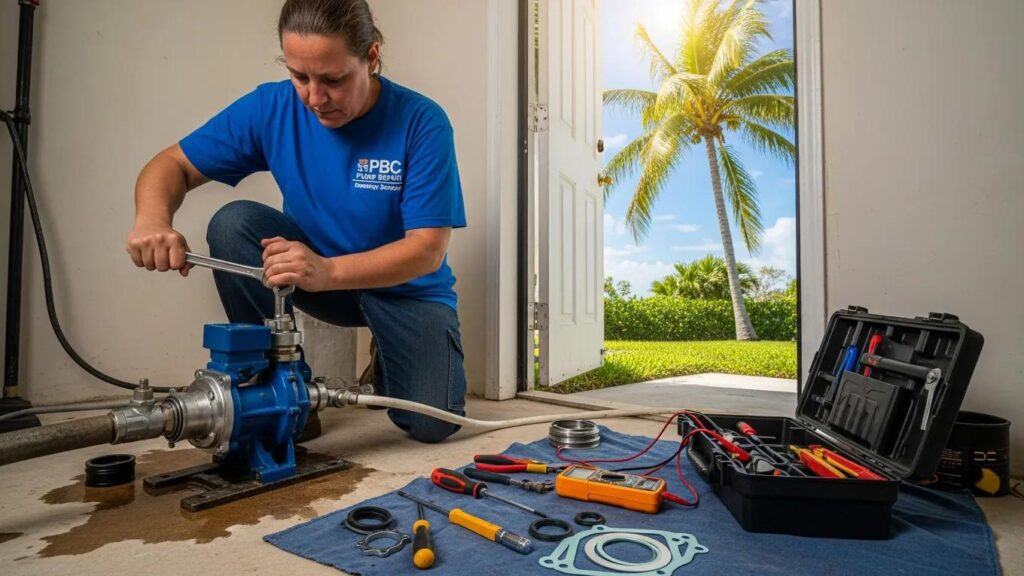 Local technician repairing a pump in Palm Beach County, highlighting emergency repair services