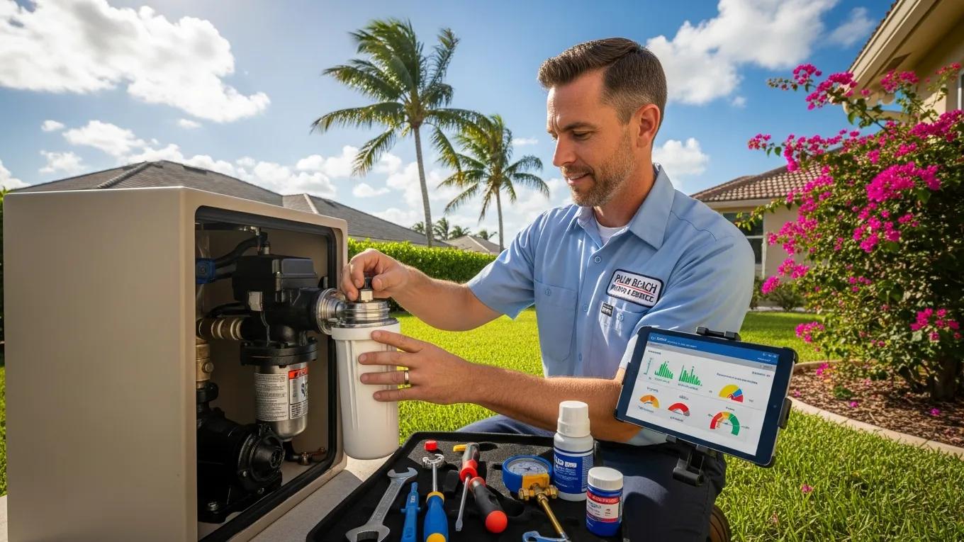 Technician performing routine pump maintenance in a Palm Beach County home