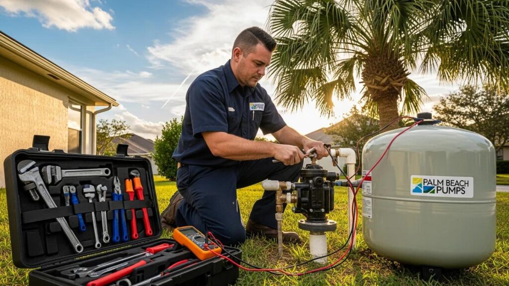 Technician repairing a well pump in Palm Beach County, emphasizing emergency repair services