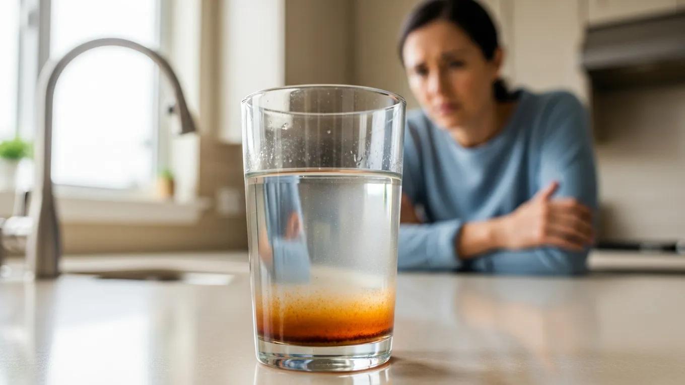 Close-up of a glass of discolored water indicating potential well pump malfunction, with a concerned homeowner in the background