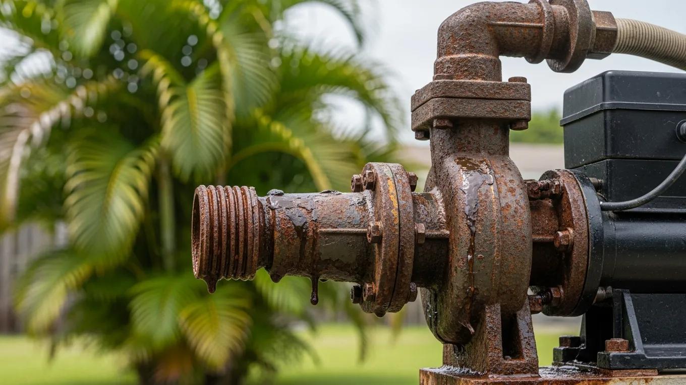 Close-up of a malfunctioning well pump showing signs of wear and leaks, indicating urgent repair needs
