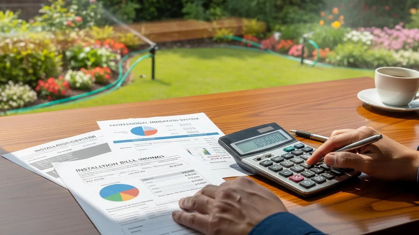 Homeowner exploring financing options for irrigation installation with a lush garden backdrop