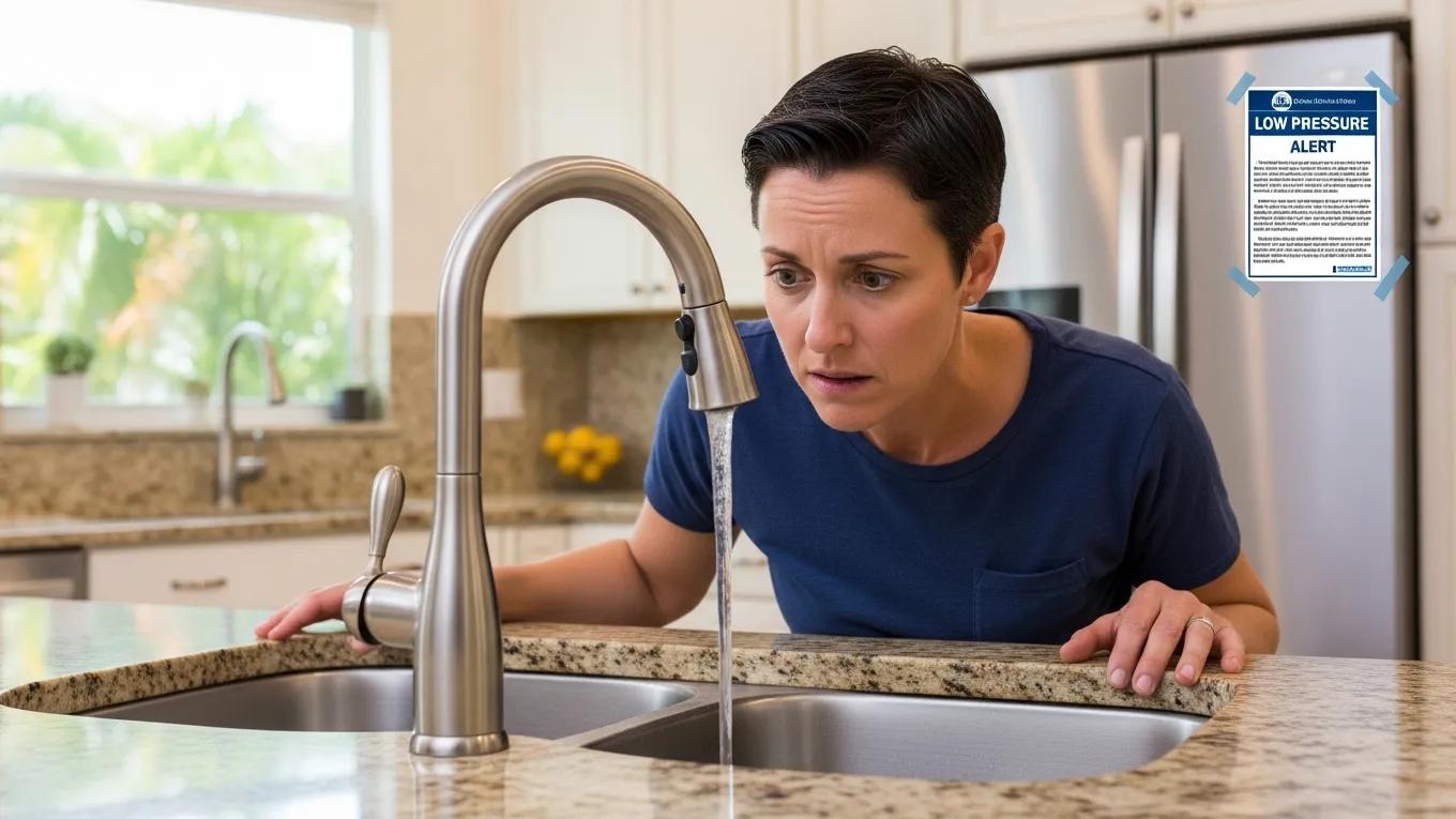 Homeowner inspecting a faucet with low water pressure, indicating potential well pump issues