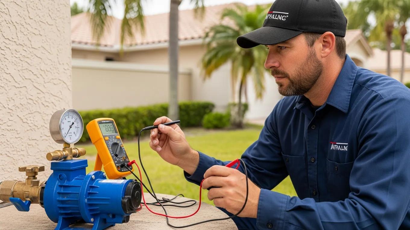 Local technician diagnosing a well pump in West Palm Beach, illustrating the emergency repair process