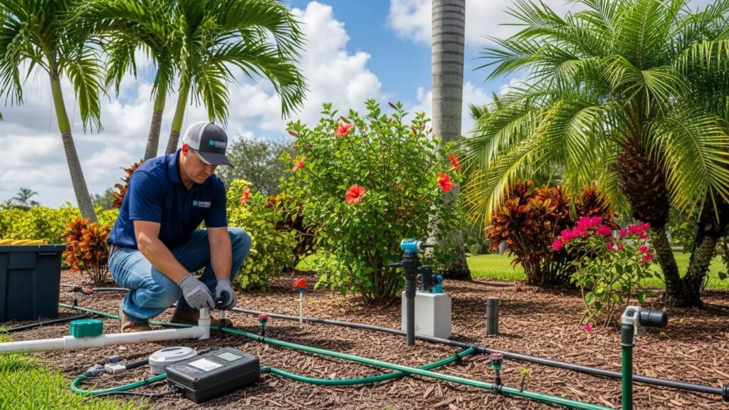 Professional irrigation system installation in Palm Beach County landscape with technician and tropical plants