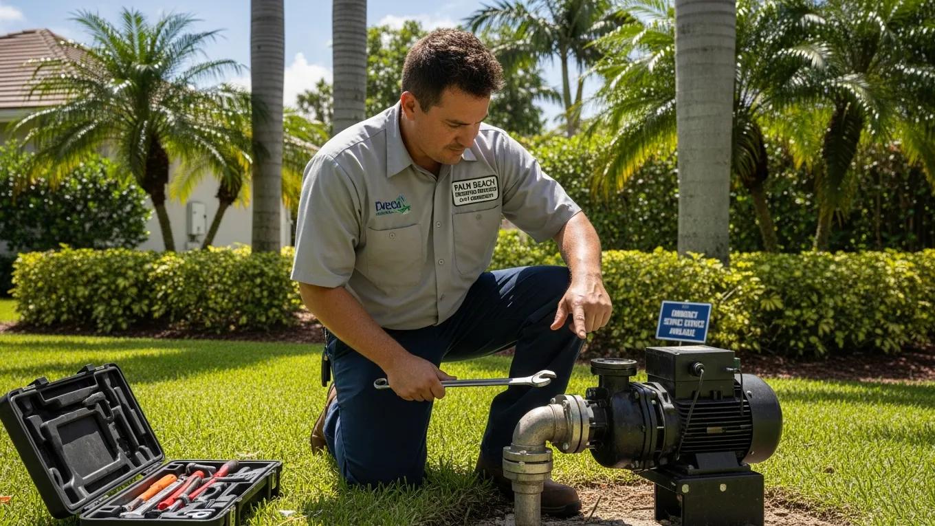Technician servicing an irrigation pump to ensure optimal performance in Palm Beach County