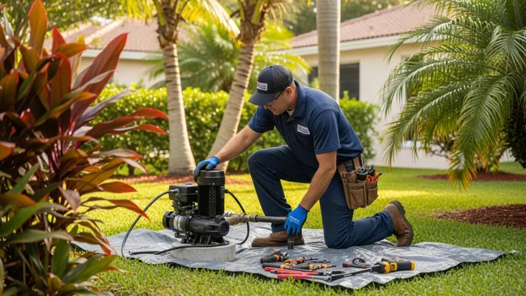 Well pump technician inspecting a well in Palm Beach County, highlighting emergency maintenance services